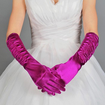 Fuchsia-Satin-Elbow-Length-Fingered-Wedding-Gloves-with-Ruching
